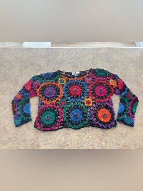 Vintage 90s Y2K MY Sportswear Colorful Crochet Beaded Open Knit Top Boho Hippie